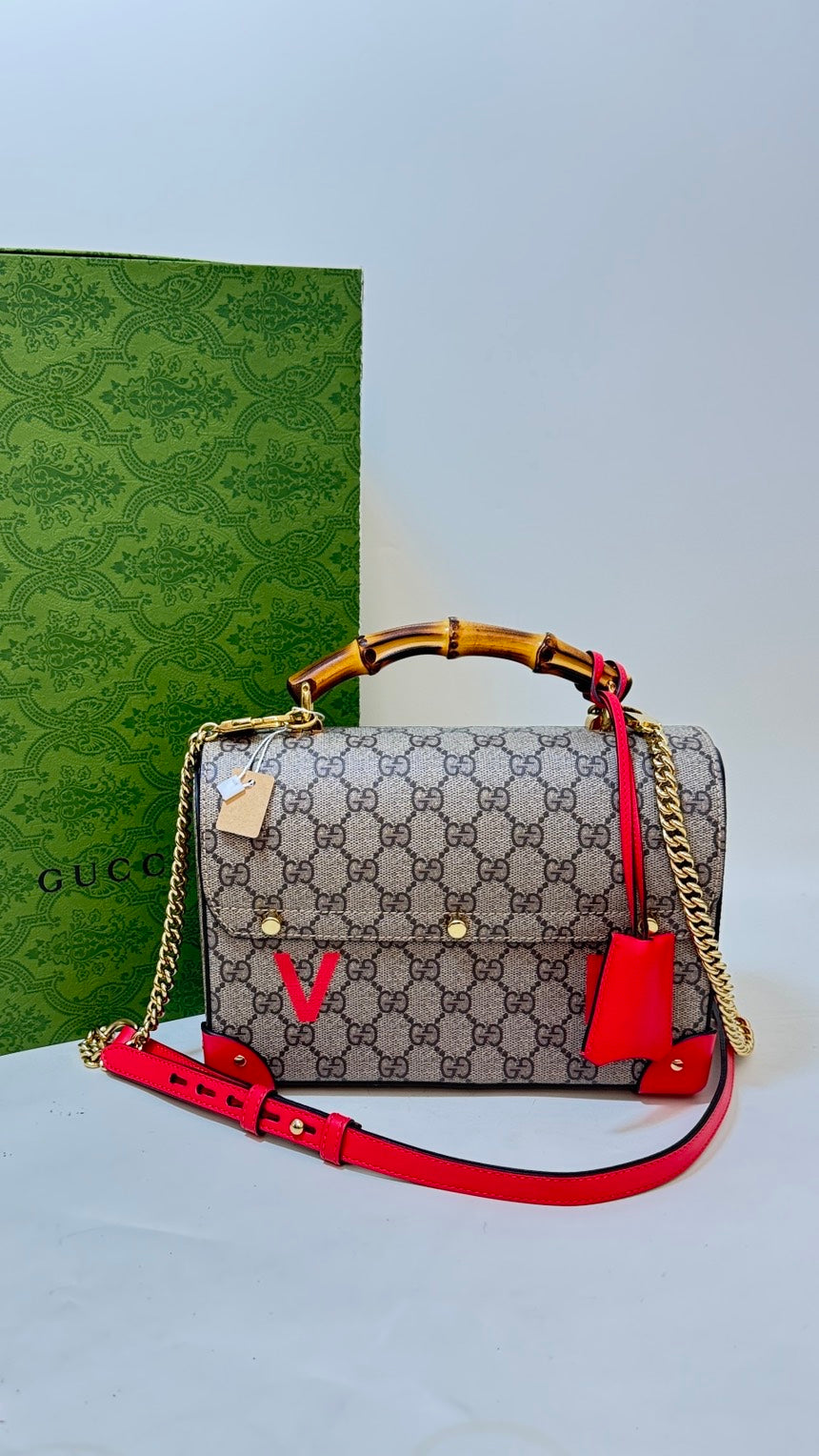 Gucci Bamboo GG Satchel Bag in Red/Beige Canvas with Keys