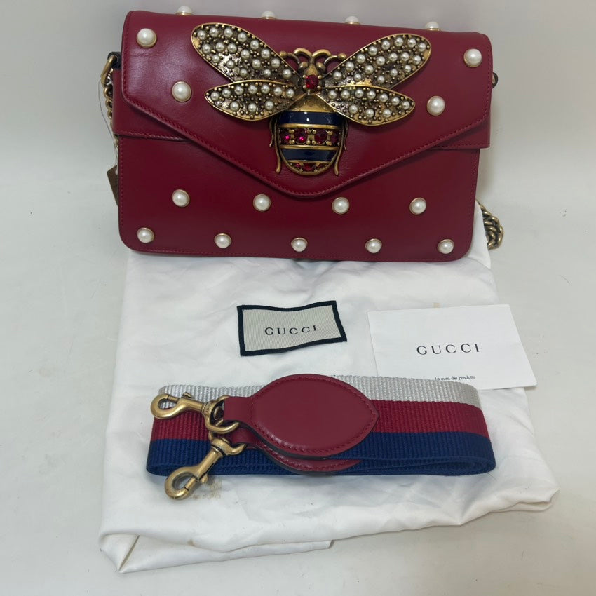 Gucci Bee-Inspired Crossbody Bag Red Leather Shoulder Bag