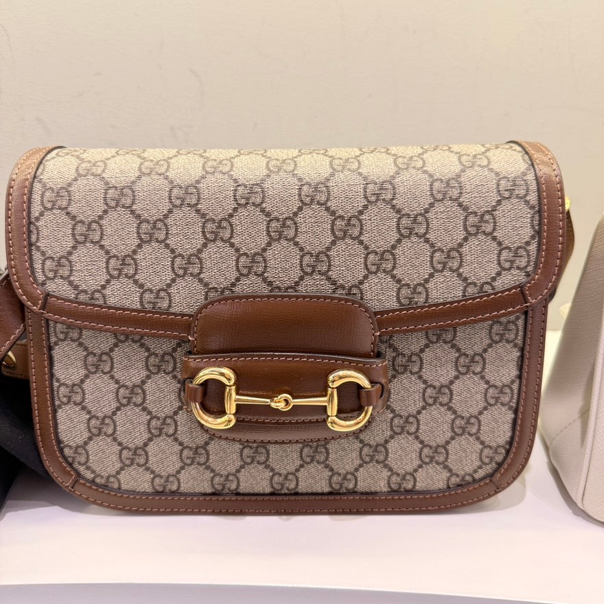 Gucci  Horsebit Beige/Brown Canvas Shoulder Bag