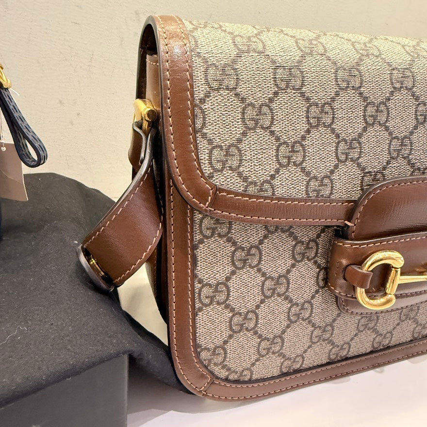 Gucci  Horsebit Beige/Brown Canvas Shoulder Bag