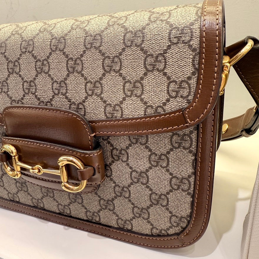 Gucci  Horsebit Beige/Brown Canvas Shoulder Bag