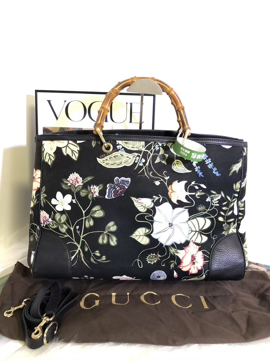 Gucci Flora Bamboo Handle Bag Black Floral Print Top Handle Bag