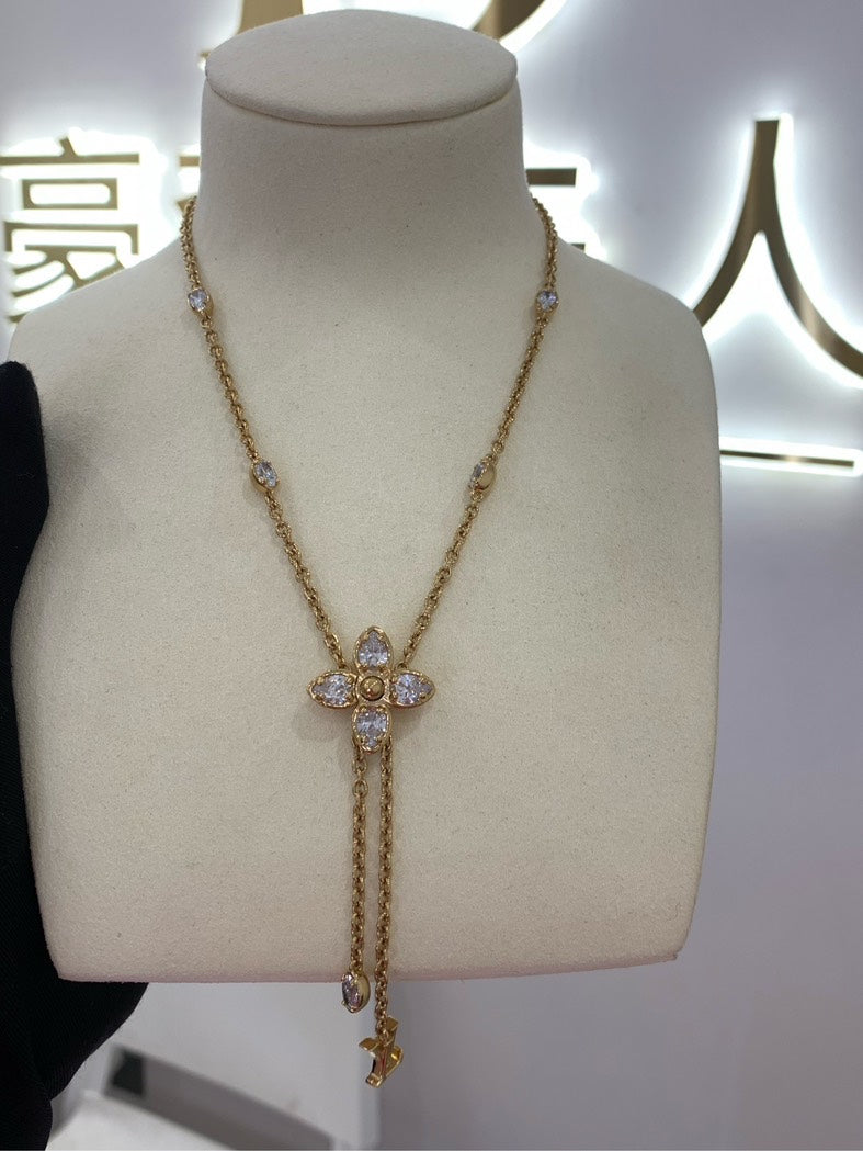LV Crystal Flower Necklace Gold Y-Drop Style