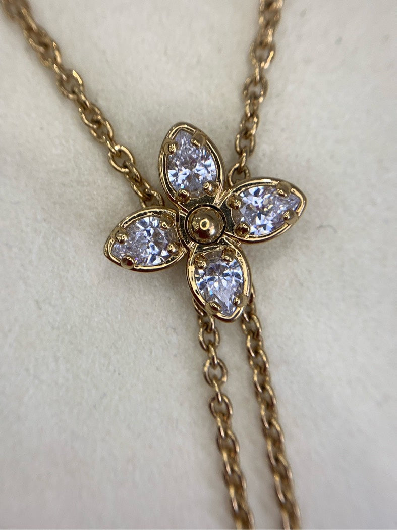 LV Crystal Flower Necklace Gold Y-Drop Style