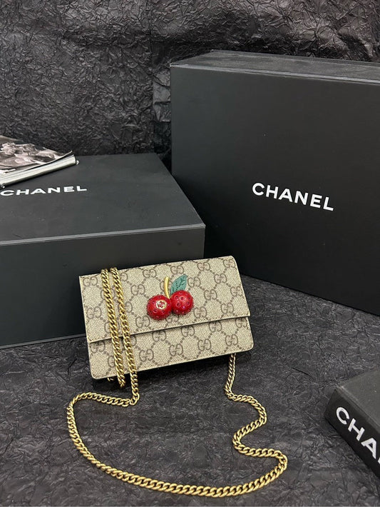 Gucci GG Canvas Cherry WOC Chain Bag Beige Crossbody