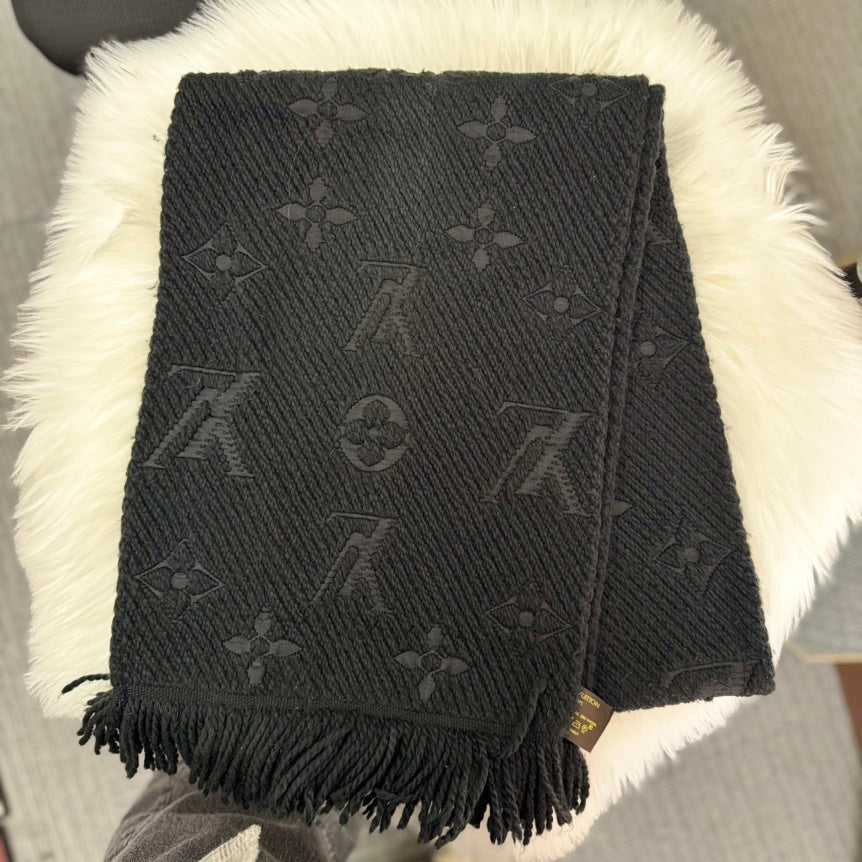 Preloved Louis Vuitton Trunk Pattern Scarf Noir Black 180cm x 30cm