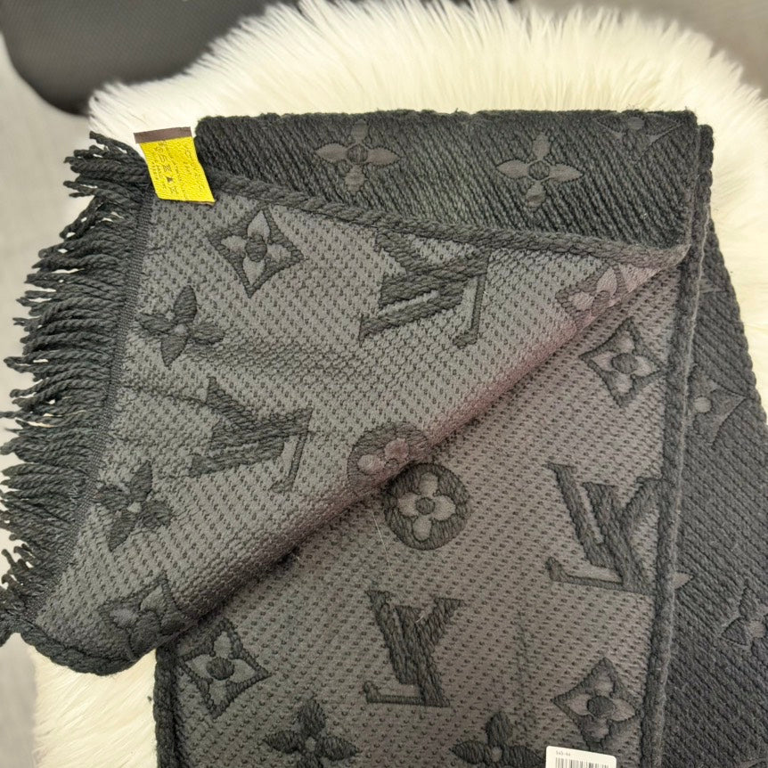 Preloved Louis Vuitton Trunk Pattern Scarf Noir Black 180cm x 30cm