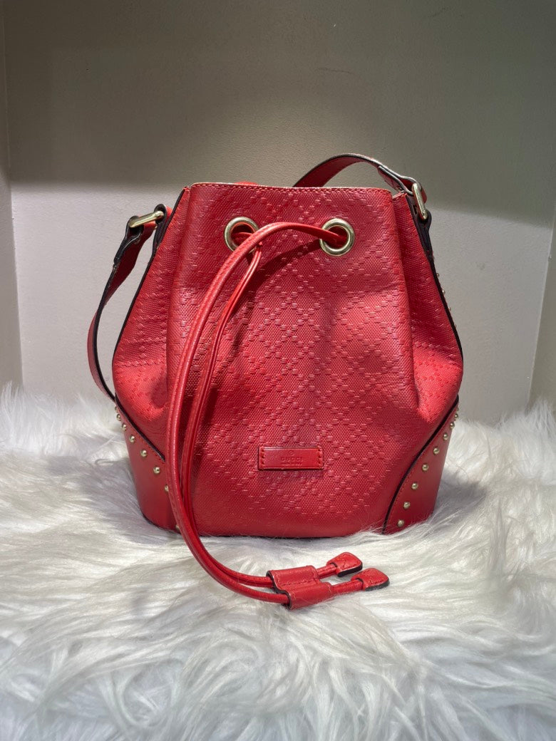 Gucci GG Pattern Red Leather Bucket Bag