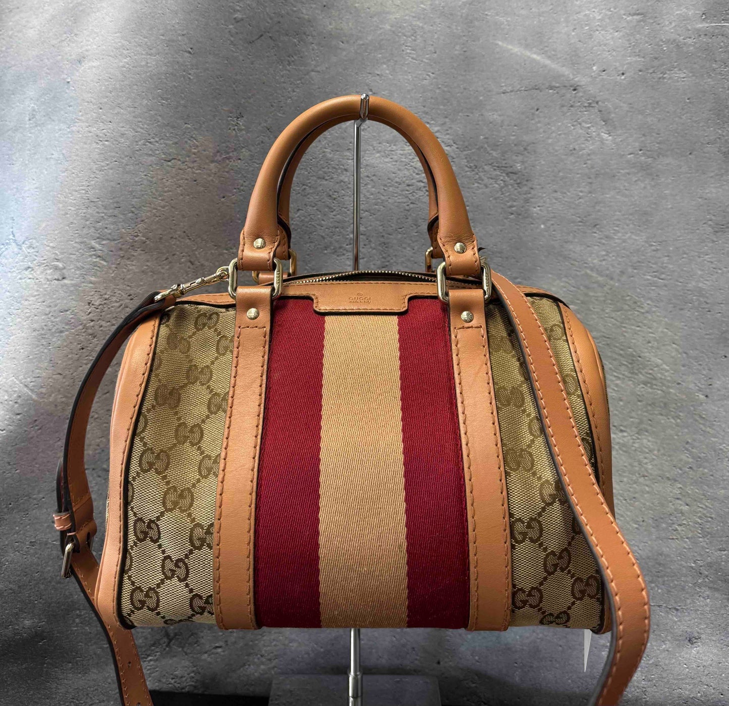 Gucci Stripe Boston Bag JZ Vintage Beige/Red Canvas Satchel