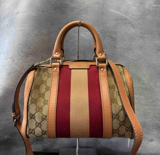 Gucci Stripe Boston Bag JZ Vintage Beige/Red Canvas Satchel