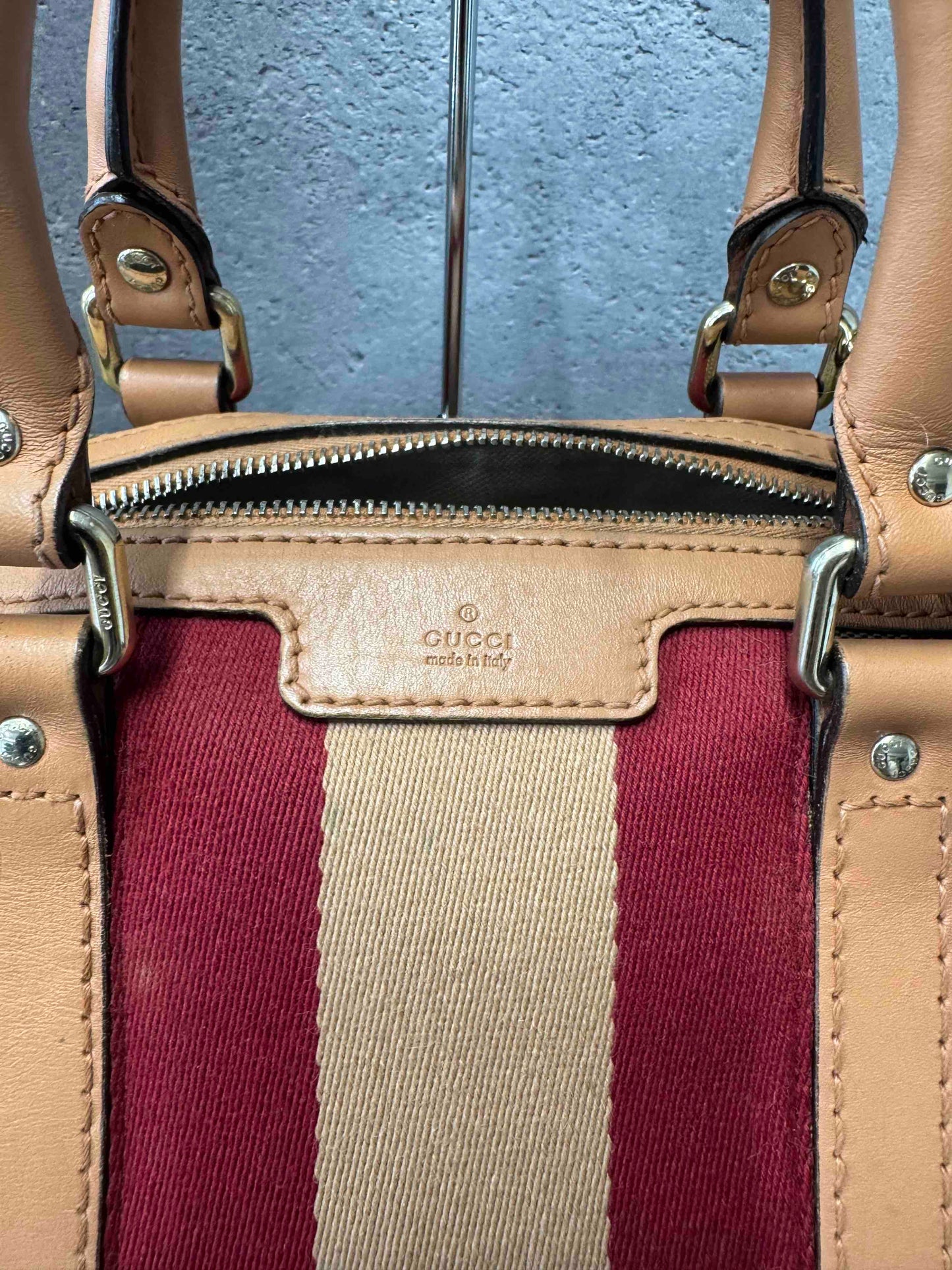 Gucci Stripe Boston Bag JZ Vintage Beige/Red Canvas Satchel