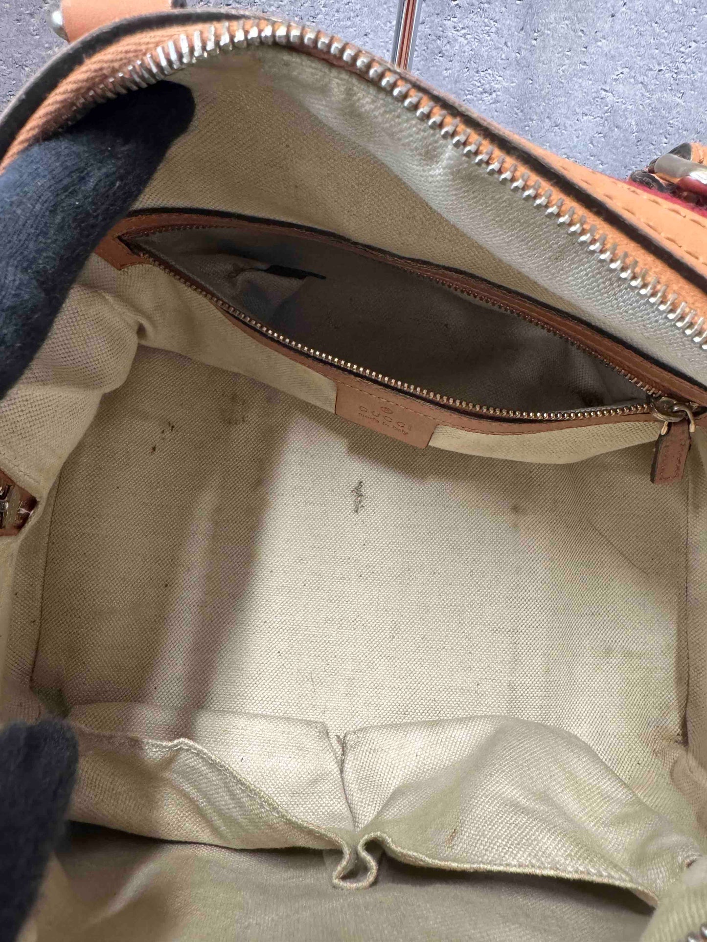 Gucci Stripe Boston Bag JZ Vintage Beige/Red Canvas Satchel