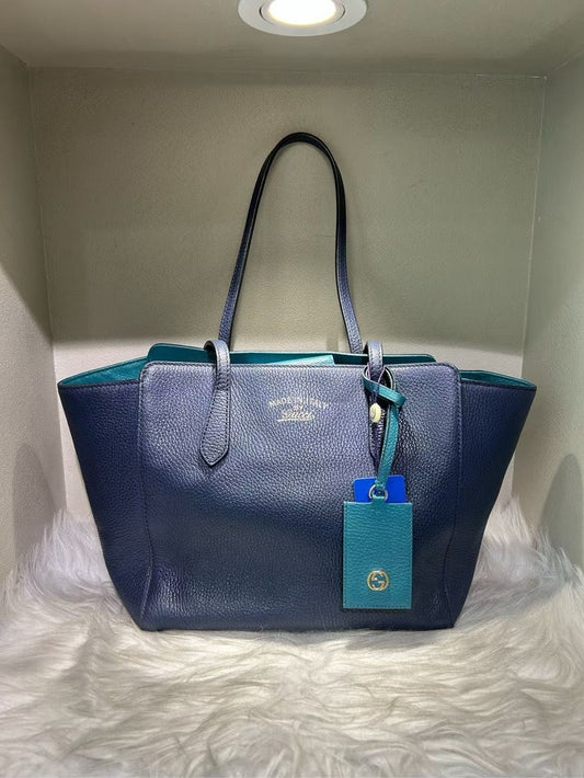 GUCCI GG Marmont Blue Leather Tote Bag