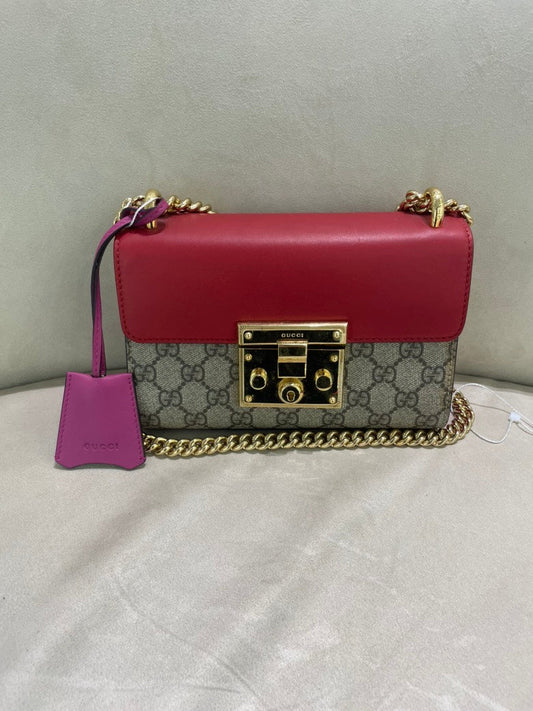 GUCCI Padlock GG Supreme Shoulder Bag Red Leather Canvas