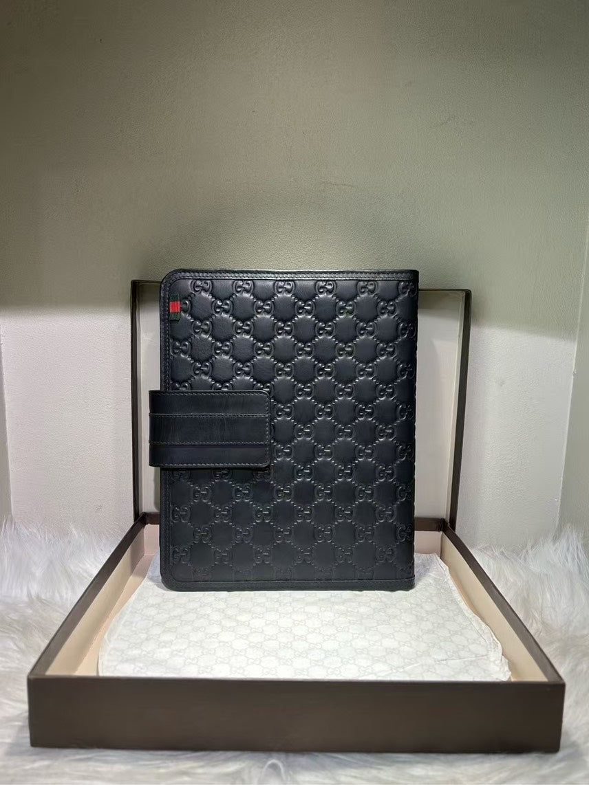 GUCCI GG Embossed Black iPad Bag - Leather Messenger Style