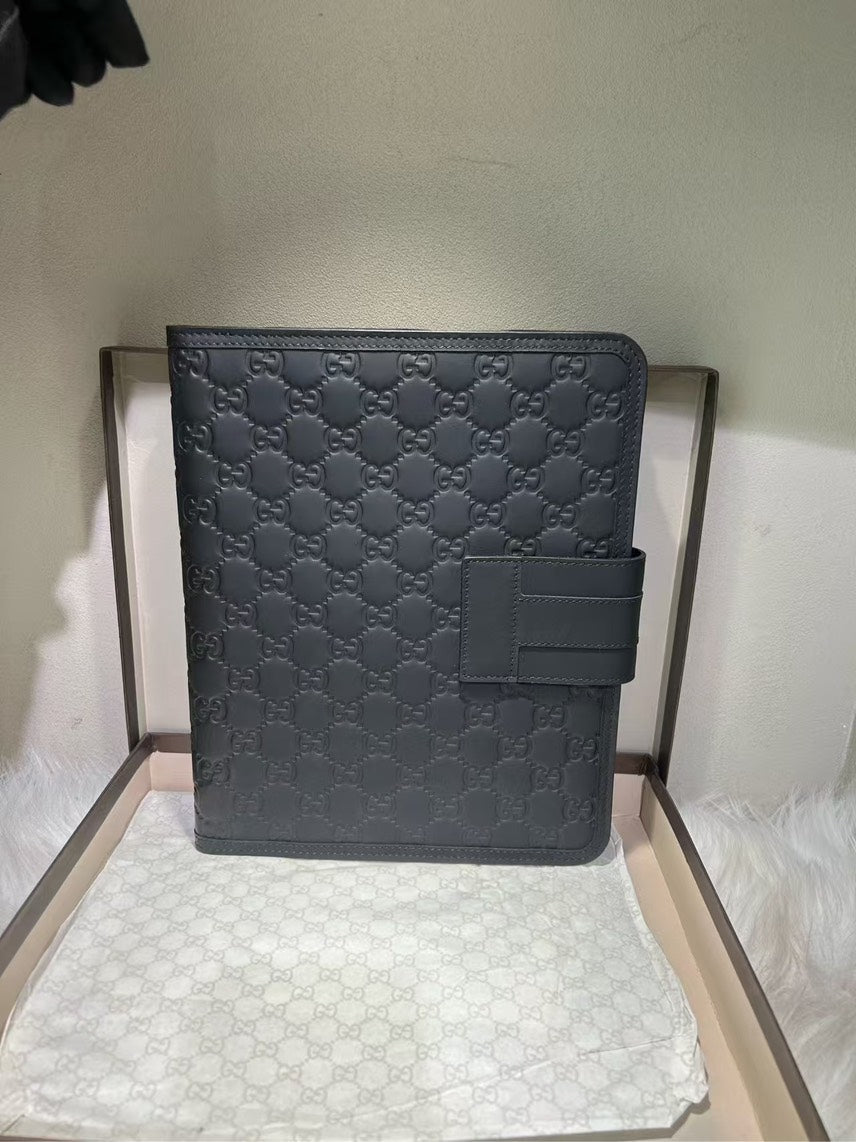 GUCCI GG Embossed Black iPad Bag - Leather Messenger Style