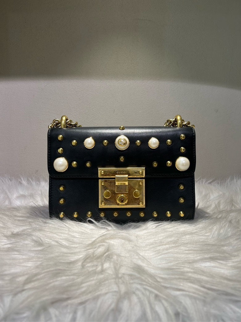 Gucci Pearl Embellished Sylvia Mini Crossbody Bag - Black Leather