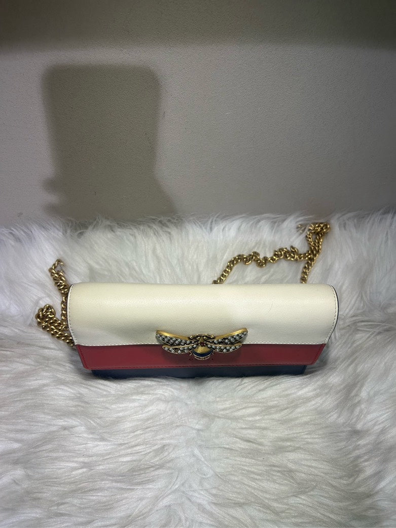 Gucci Queen Margaret Leather Clutch Tricolor White Red Blue Bag