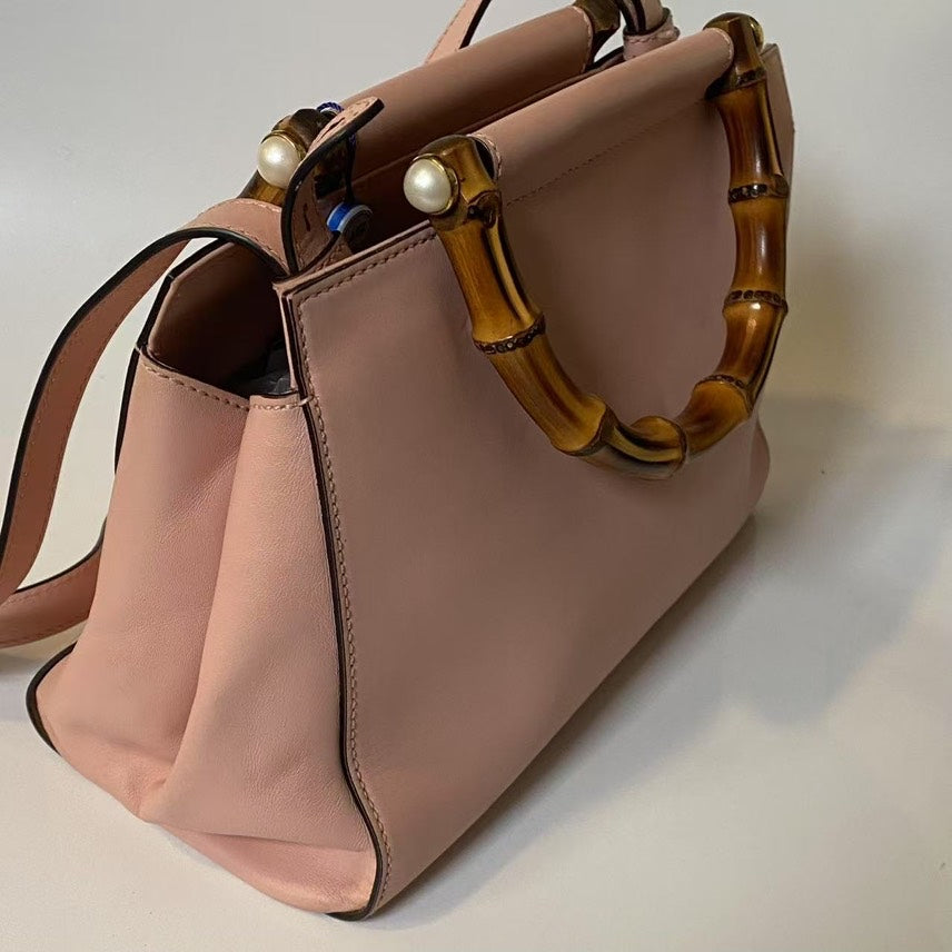 Gucci Bamboo Top Handle Bag in Pink Leather - Medium Size