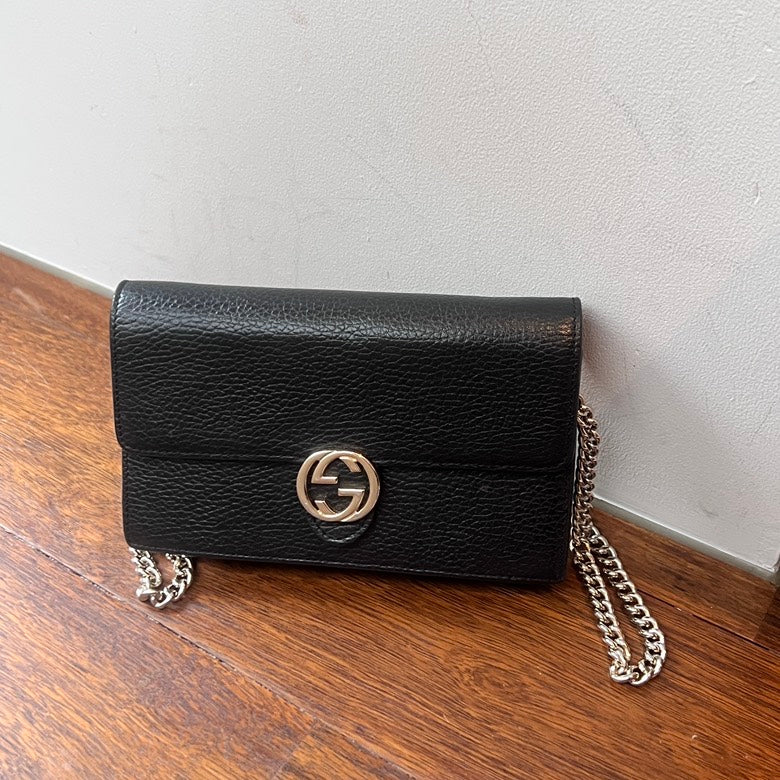 Gucci Interlocking Leather Chain Shoulder Bag Black - AF