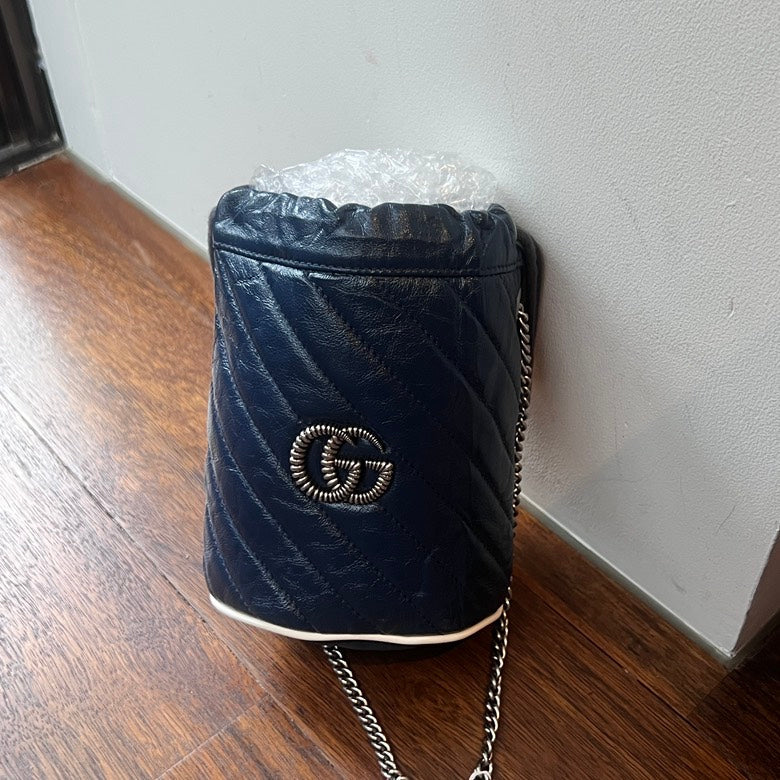 Gucci GG Marmont Drawstring Chain Shoulder Bag AG, Navy Leather