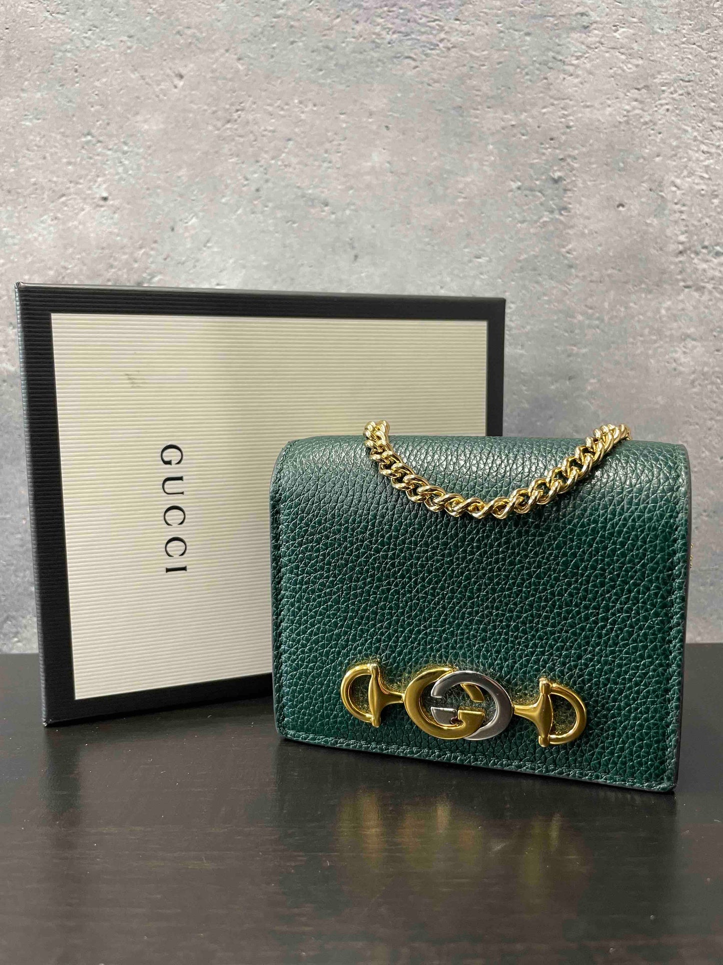 Gucci Horsebit Chain Wallet JX Green Leather Wallet