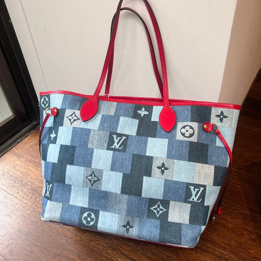 Preloved LV Neverfull Denim Patches Tote Bag AG256