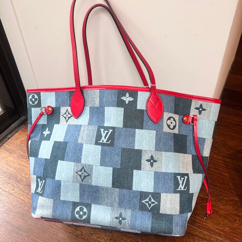 Preloved LV Neverfull Denim Patches Tote Bag AG256