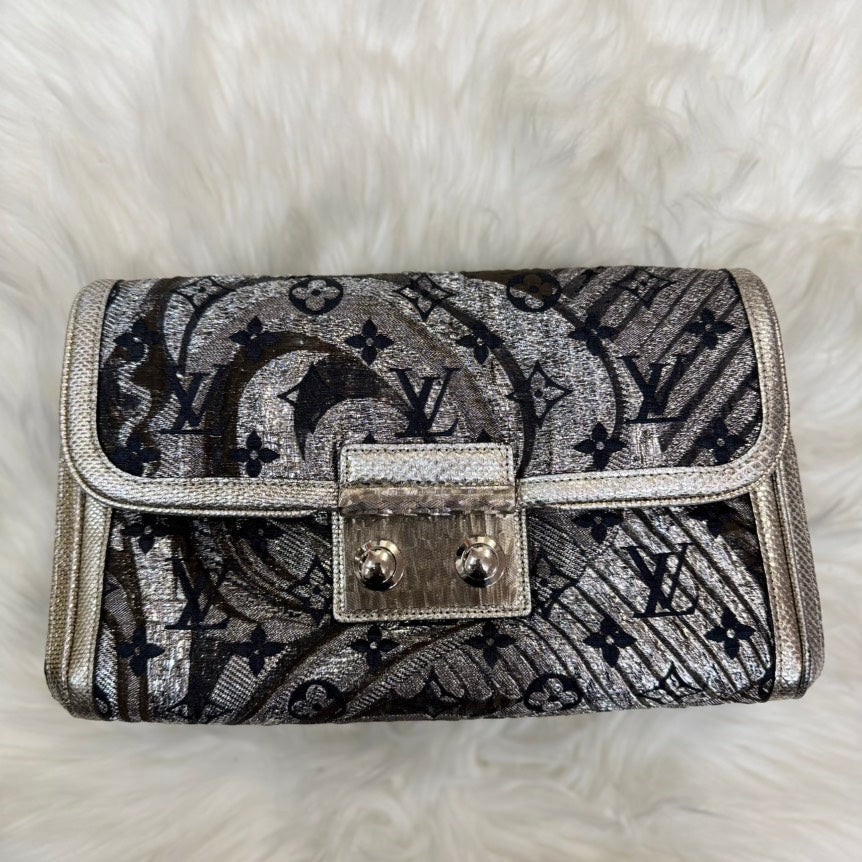 Preloved Louis Vuitton Monogram Brocade Thalie Clutch Silver/Black Clutch