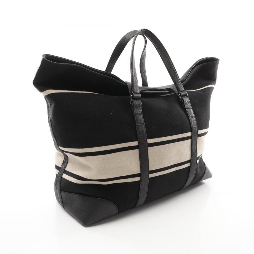 GUCCI Duffel Handbag Tote Bag Wool Leather Black Beige - Condition A