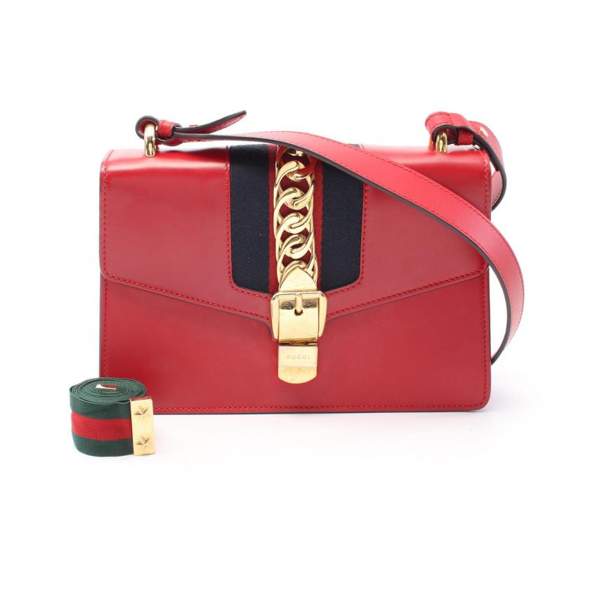 GUCCI Sylvie Small web line Shoulder bag leather Red Navy WAY - Condition A