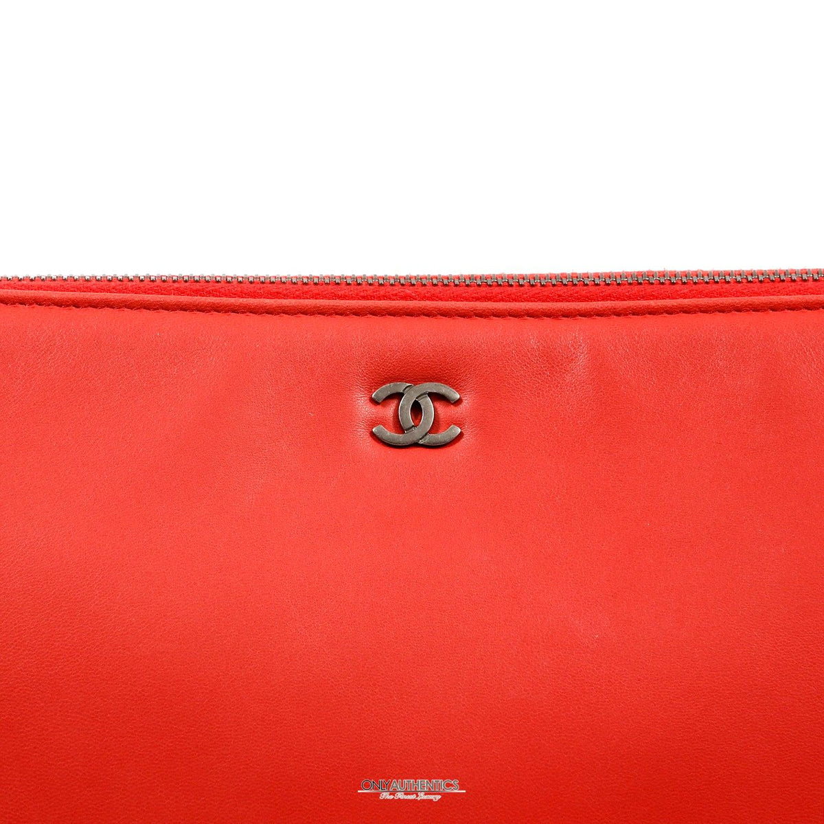 Chanel Red Lambskin and Patent Leather Clutch