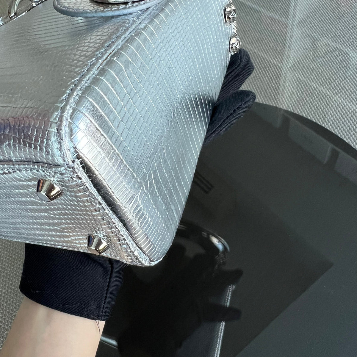 *Rare, Exotic* Lady Mini Metallic Lizard Leather Silver Hardware Adjustable Strap