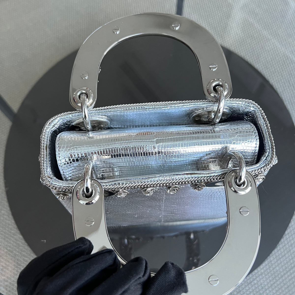 *Rare, Exotic* Lady Mini Metallic Lizard Leather Silver Hardware Adjustable Strap