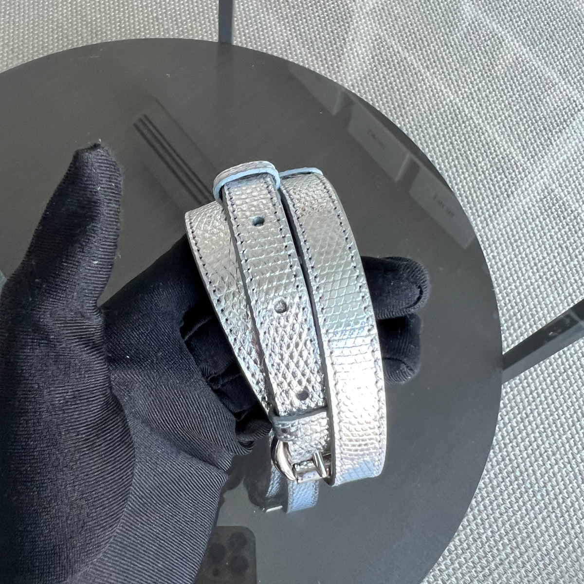 *Rare, Exotic* Lady Mini Metallic Lizard Leather Silver Hardware Adjustable Strap