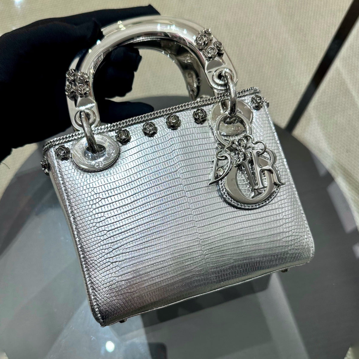 *Rare, Exotic* Lady Mini Metallic Lizard Leather Silver Hardware Adjustable Strap