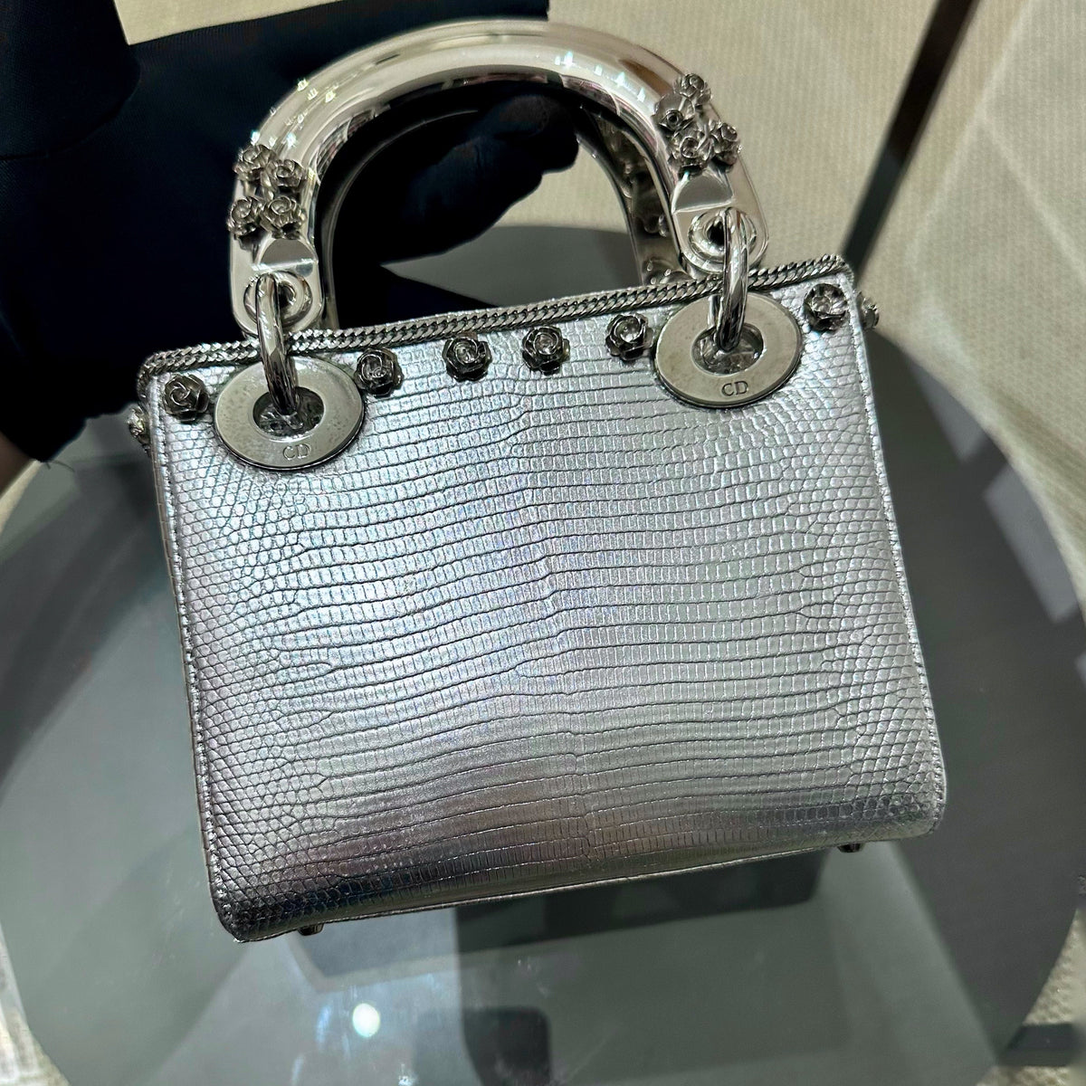 *Rare, Exotic* Lady Mini Metallic Lizard Leather Silver Hardware Adjustable Strap