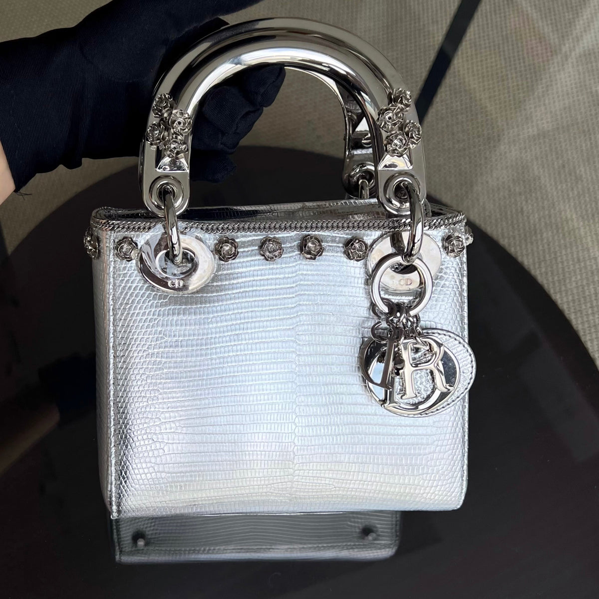 *Rare, Exotic* Lady Mini Metallic Lizard Leather Silver Hardware Adjustable Strap