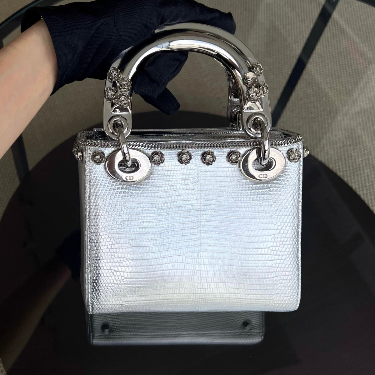 *Rare, Exotic* Lady Mini Metallic Lizard Leather Silver Hardware Adjustable Strap