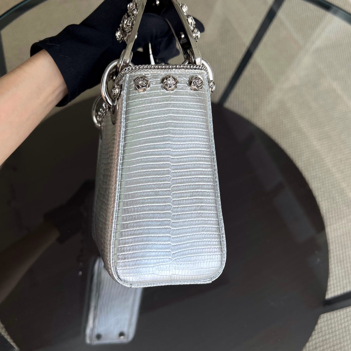 *Rare, Exotic* Lady Mini Metallic Lizard Leather Silver Hardware Adjustable Strap