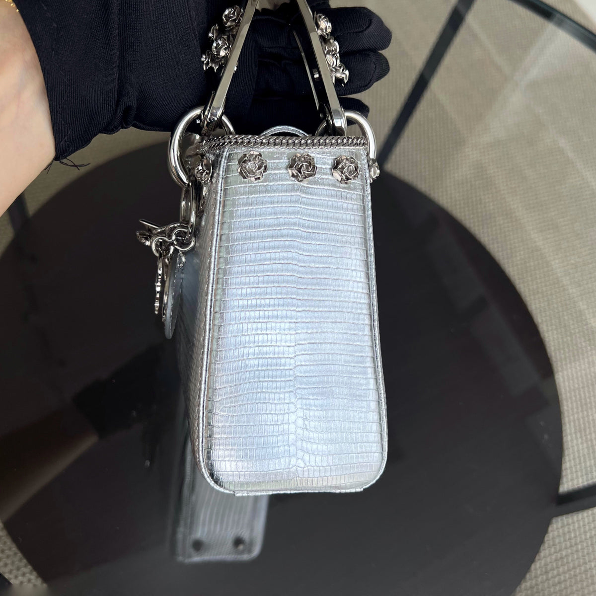 *Rare, Exotic* Lady Mini Metallic Lizard Leather Silver Hardware Adjustable Strap