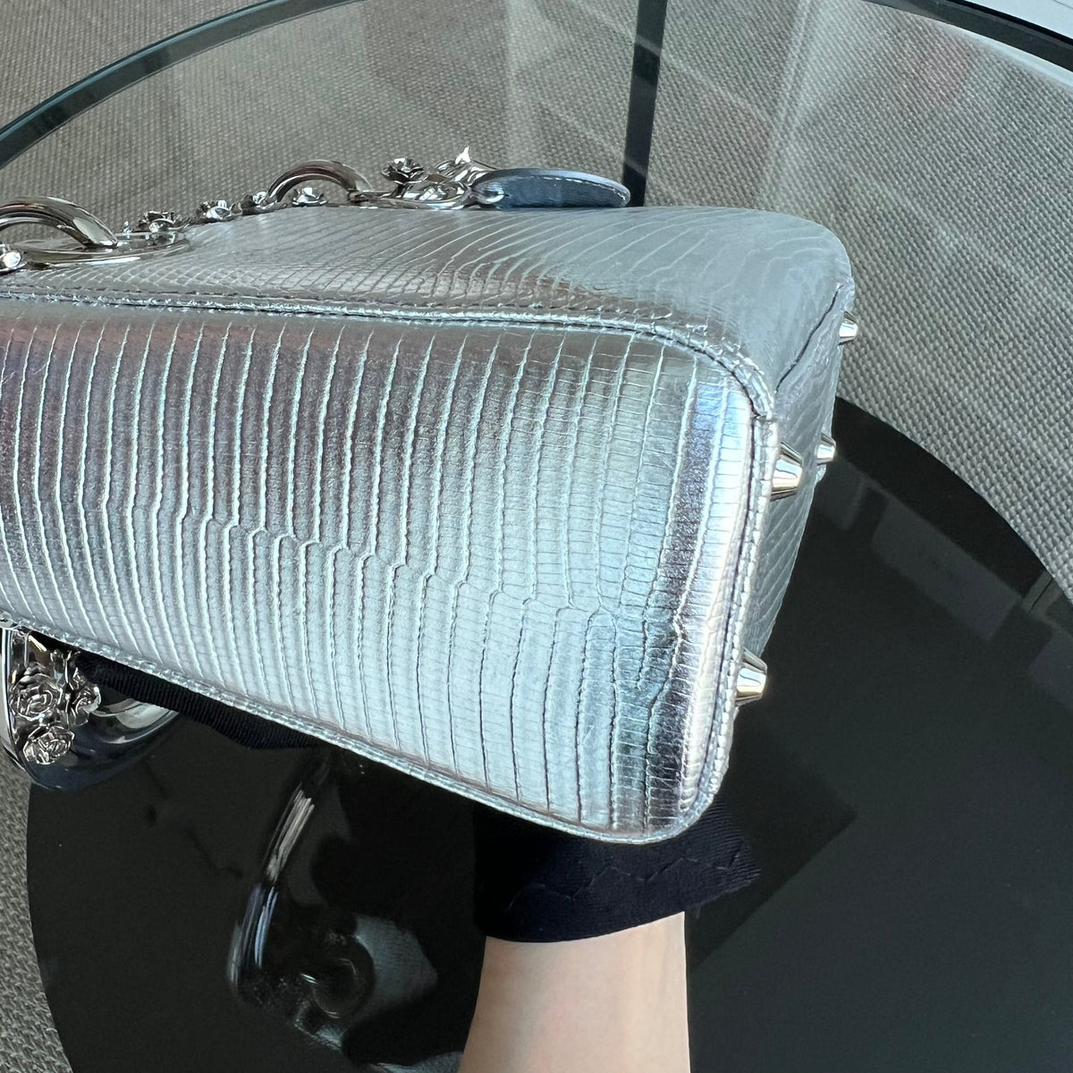 *Rare, Exotic* Lady Mini Metallic Lizard Leather Silver Hardware Adjustable Strap