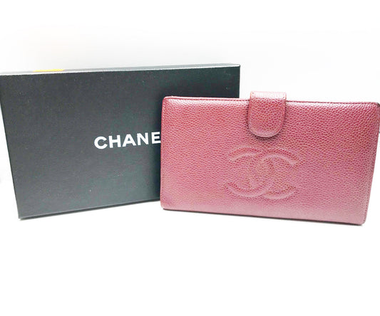 CHANEL Classic Burgundy Caviar Bi Fold Long Wallet