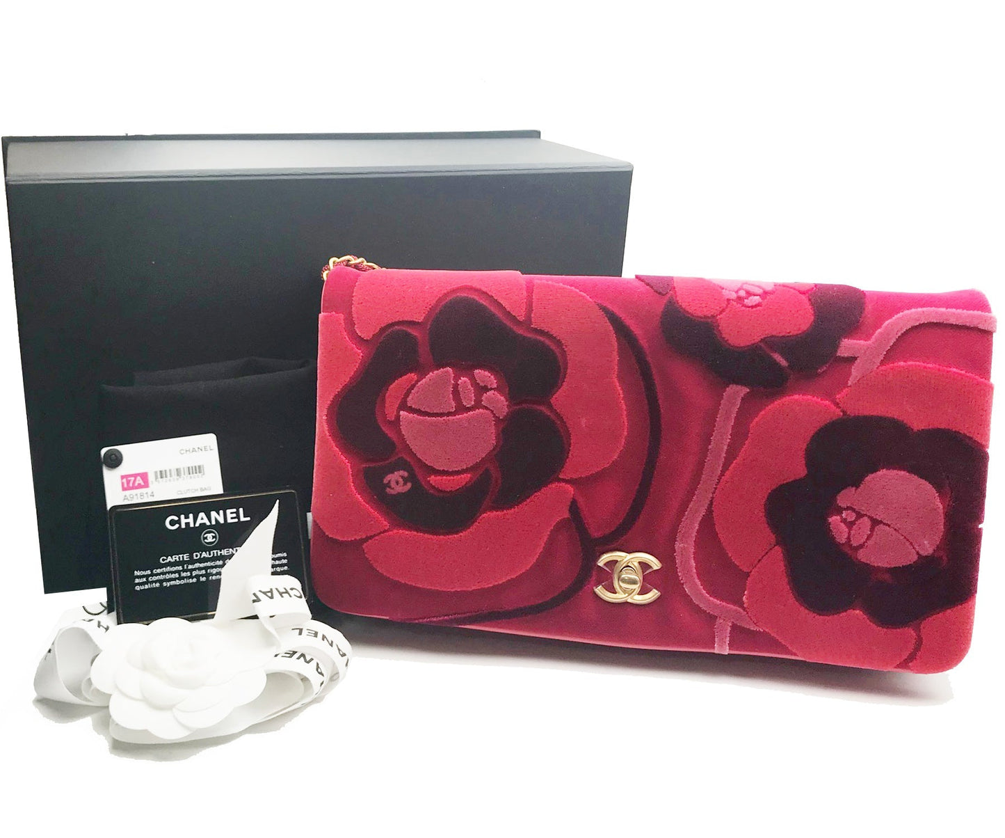 CHANEL Brand New Red Camellia Velvet Clutch Crossbody Bag