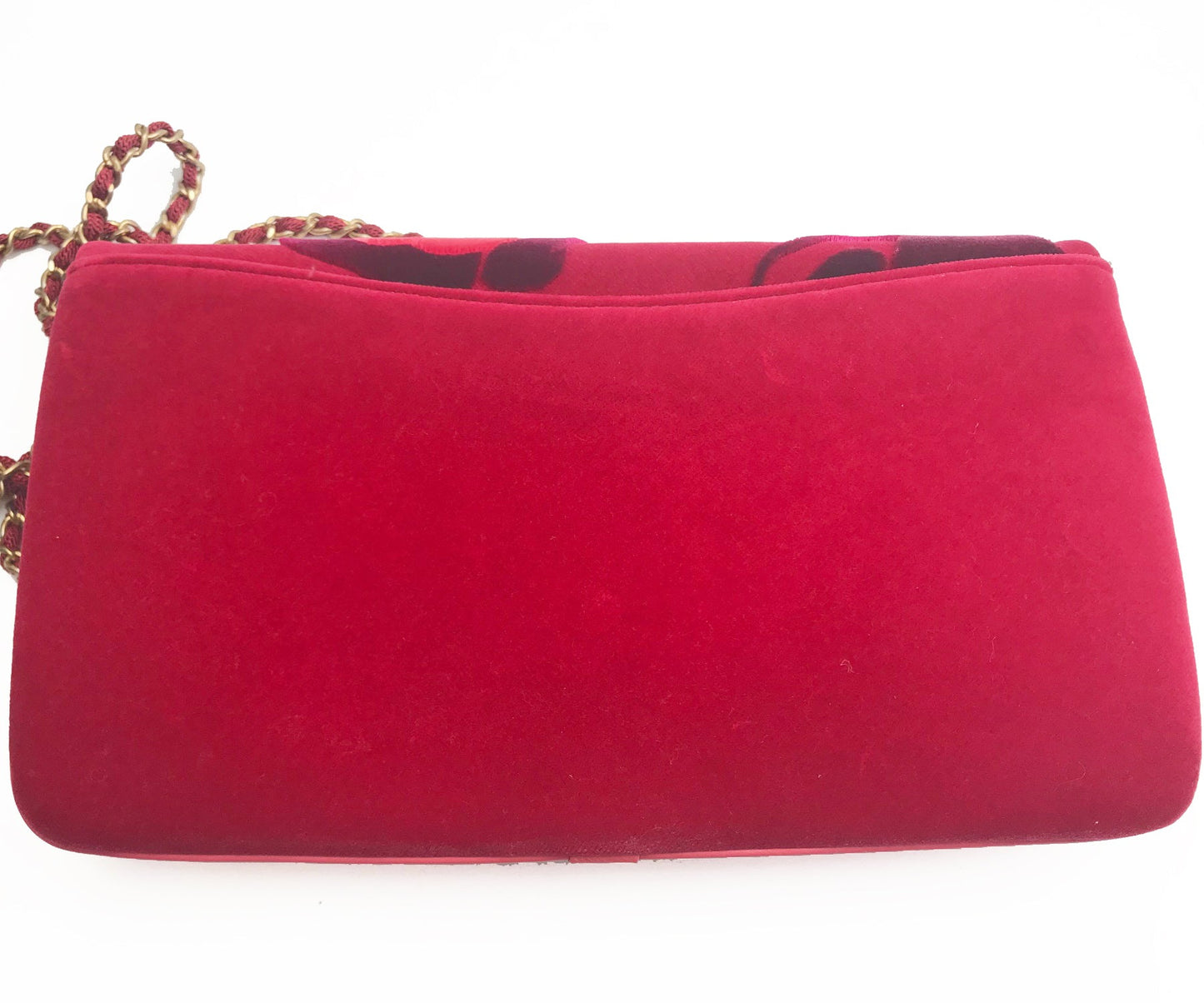 CHANEL Brand New Red Camellia Velvet Clutch Crossbody Bag