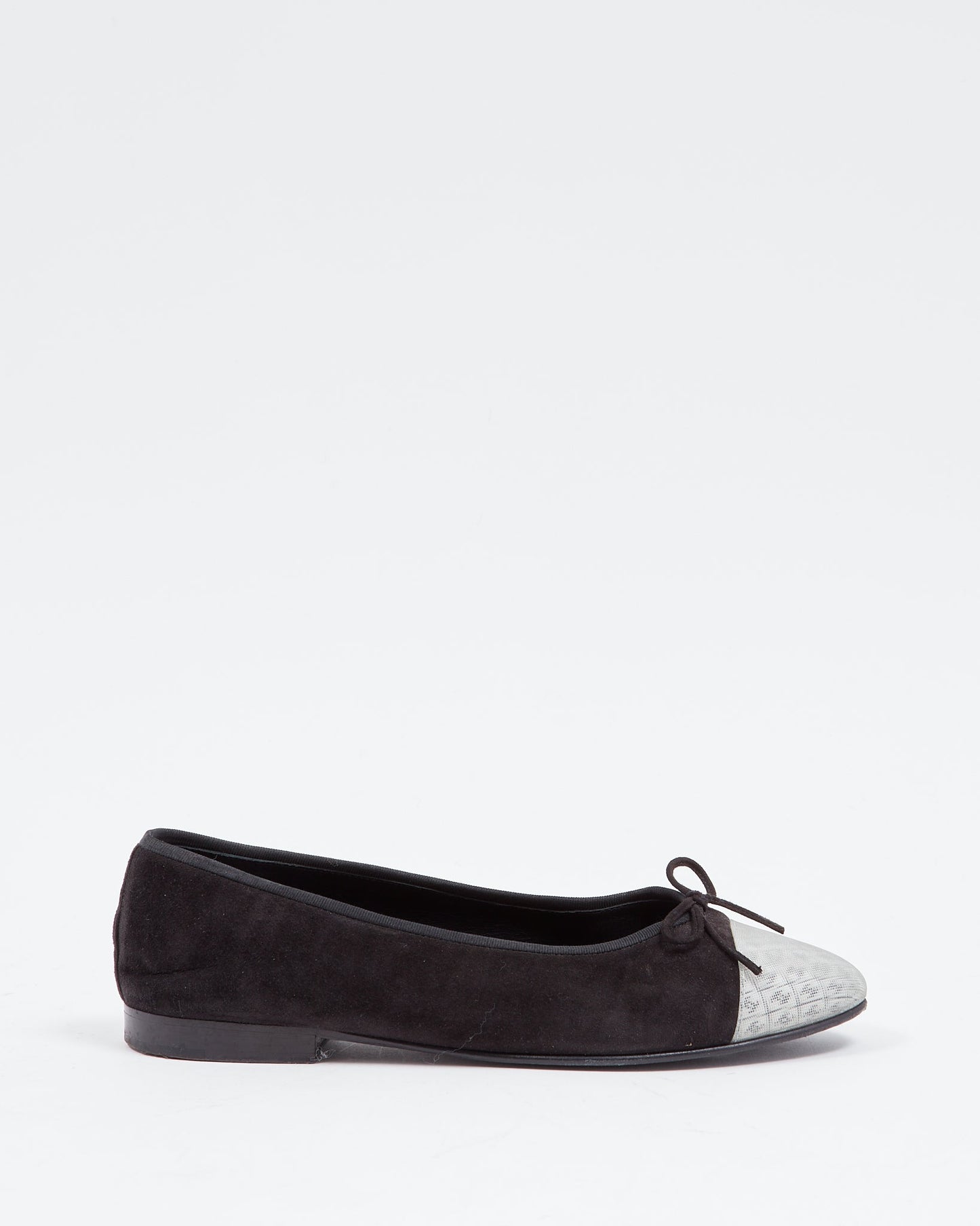 Chanel Black Suede & Holographic Logo Cap Toe Ballerina Flats - 39
