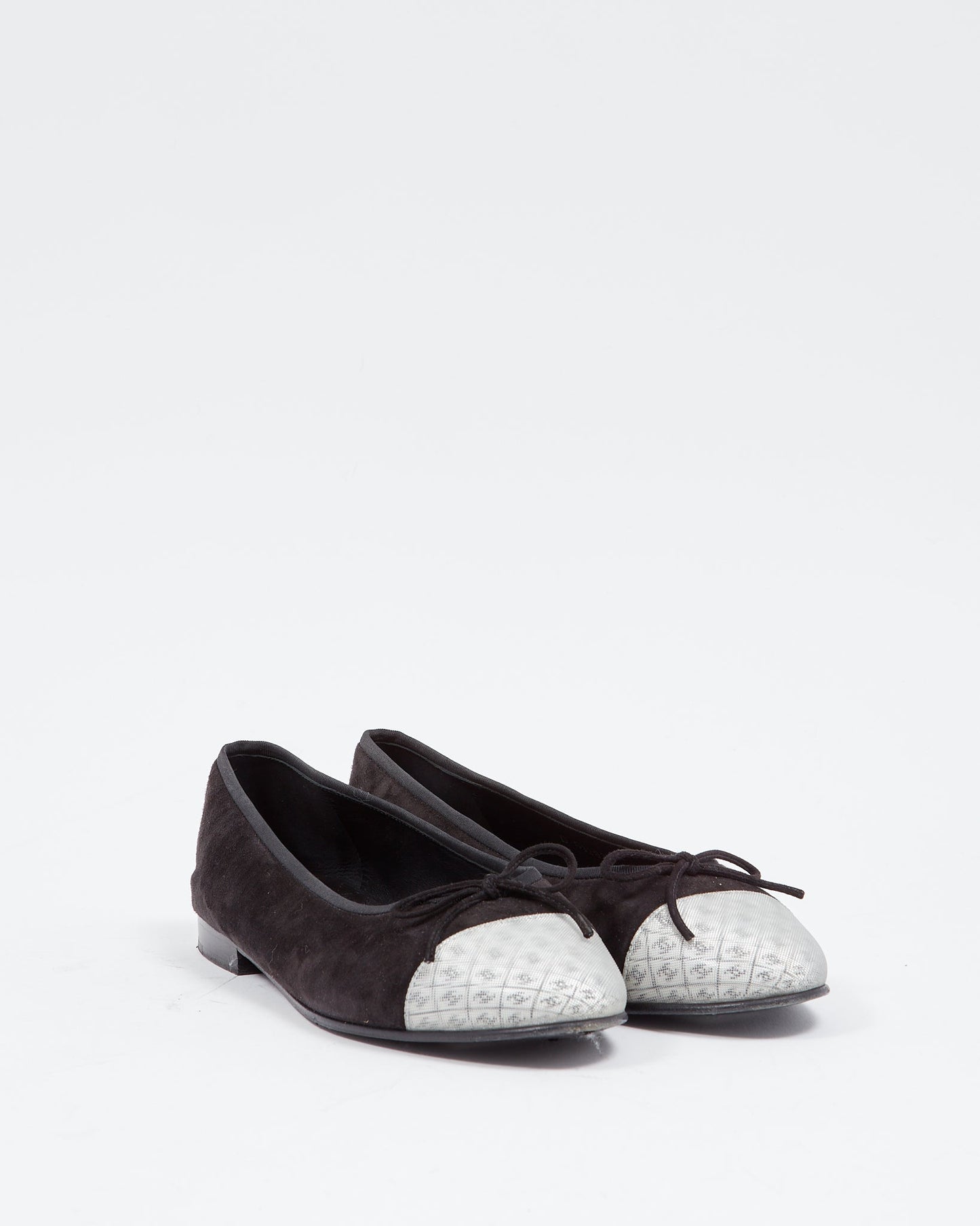 Chanel Black Suede & Holographic Logo Cap Toe Ballerina Flats - 39