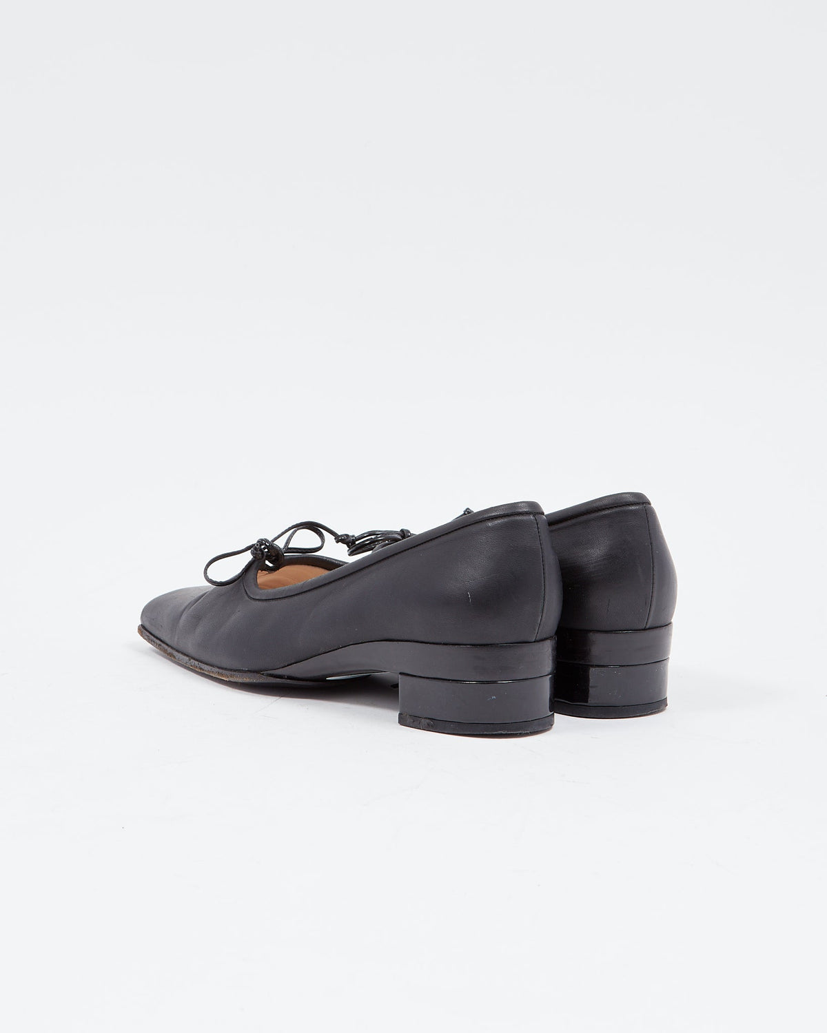 Chanel Vintage Black Leather Square Toe Block Heel Pumps - 38.5