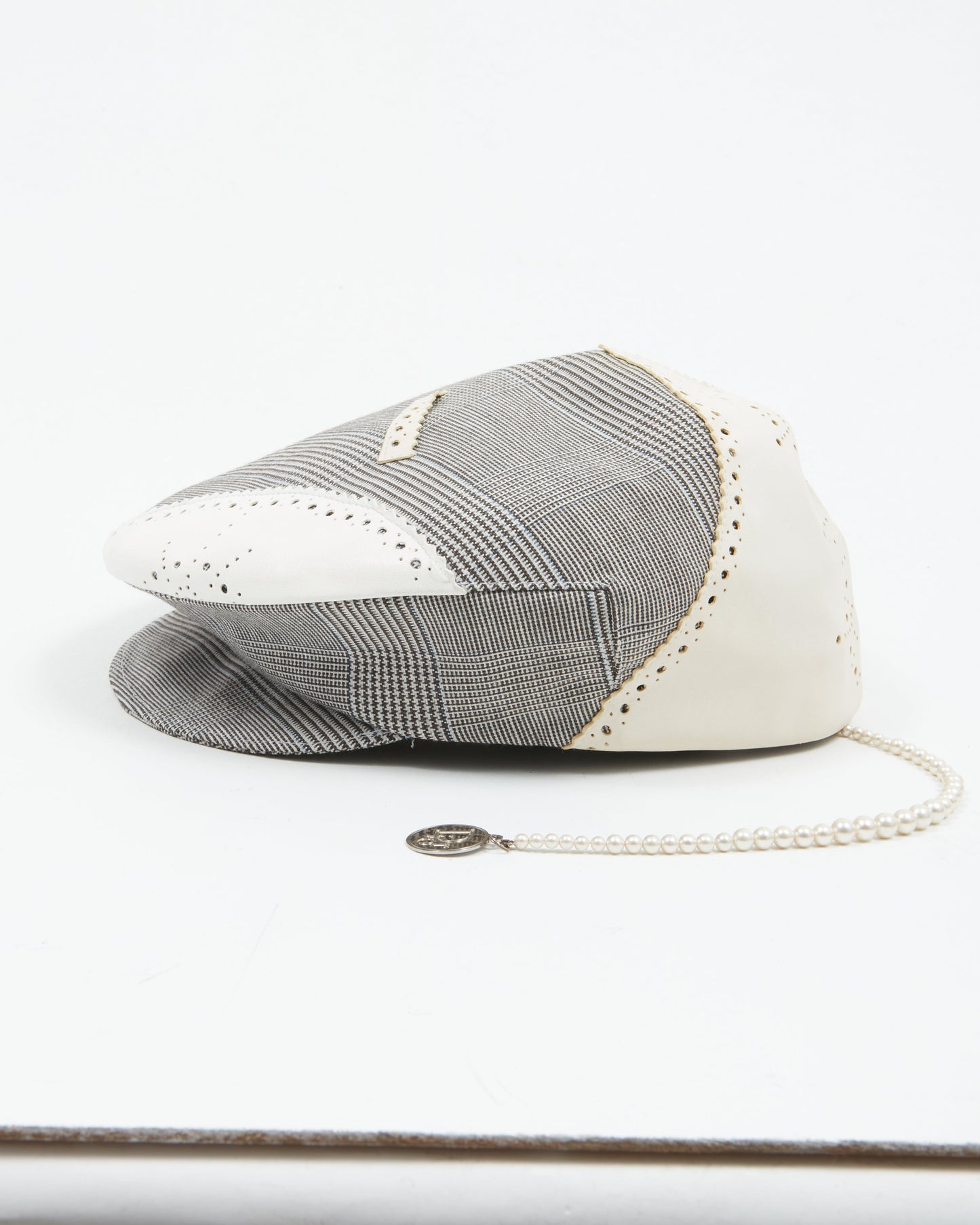 Dior Black/White Brogue Patent Leather & Fabric Faux Pearl D-Trick Beret - 56