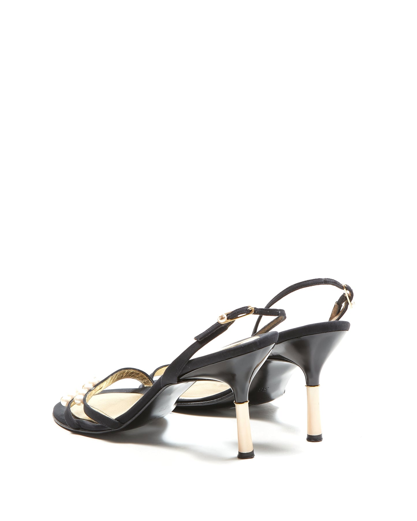 Chanel Black Satin Pearl Accent Sandal - 38